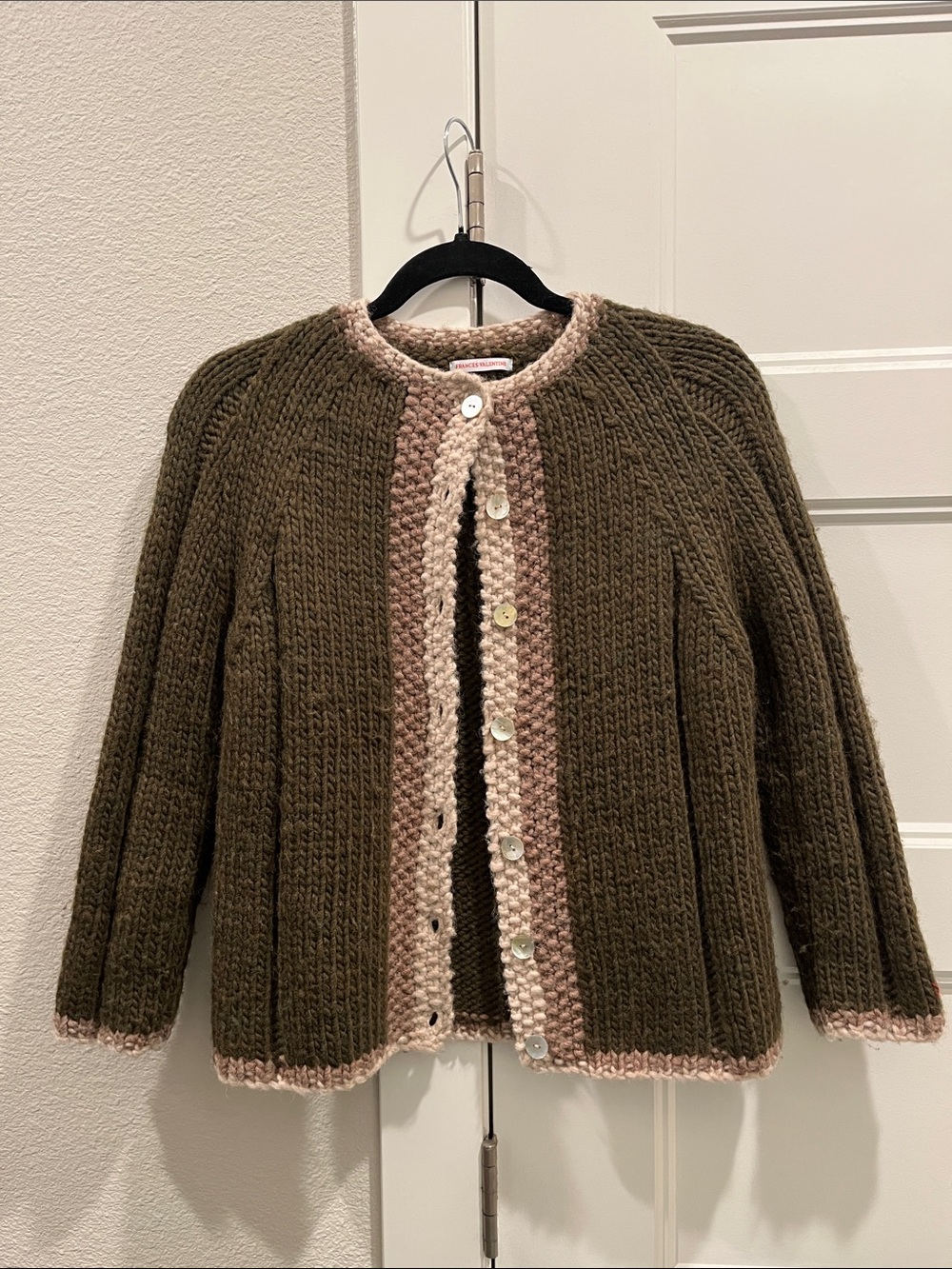 Chunky Olive Green Knit Cardigan with Pink Trim